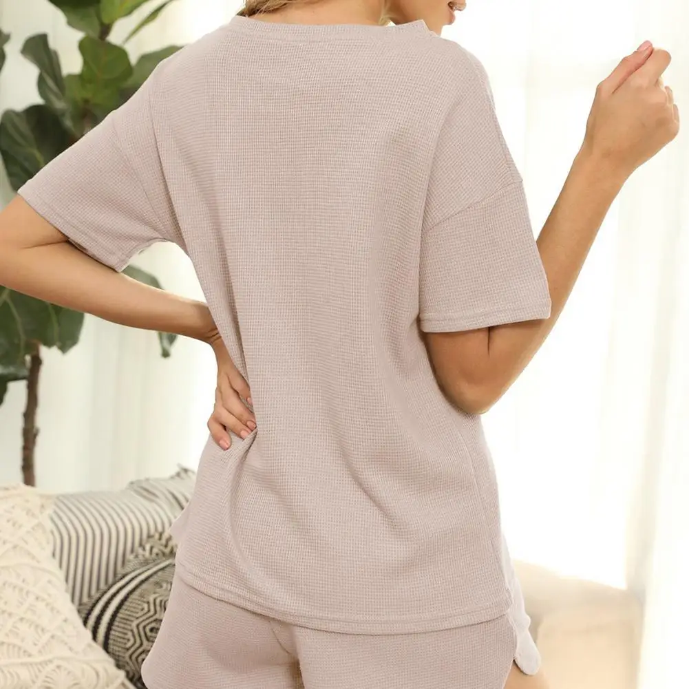 

2021 New Women Short Sleeve Pajamas Tee And Pants Set 2 Piece Irregular Splicing Macarons Waffle Lounge Sleepwear