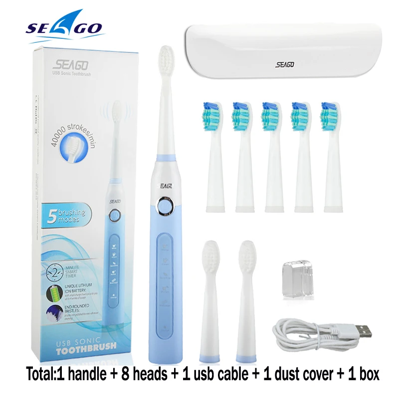 BLUE5headbox Seago SG-507, электрическая зубная щетка для взрослых с таймером, электрическая зубная щетка с зарядкой от USB, 3 шт., Сменная головка щетки - Цвет: BLUE5headbox
