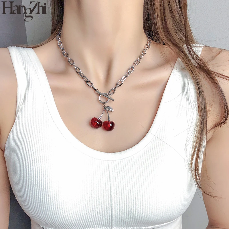 

Hangzhi2020 Punk Black Red Cherry Pendant Metal Clavicle Chain Choker Necklace Vintage for Women Girls Jewellery