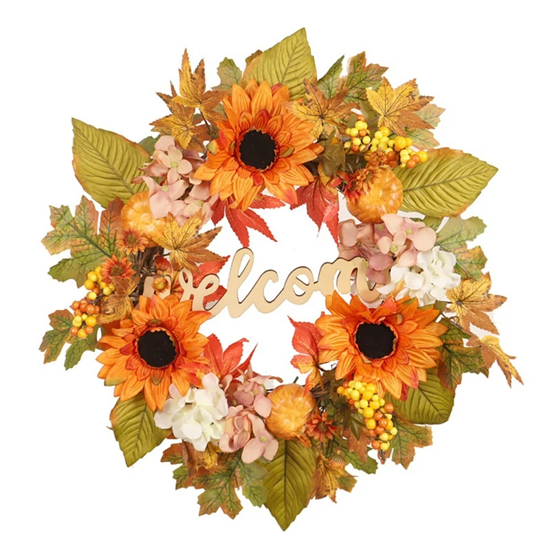 

Autumn Fall Harvest Wreath With Sunflowers Pumpkins Maple Leaves Berry Artificial Wreath For Thanksgiving Door Decor