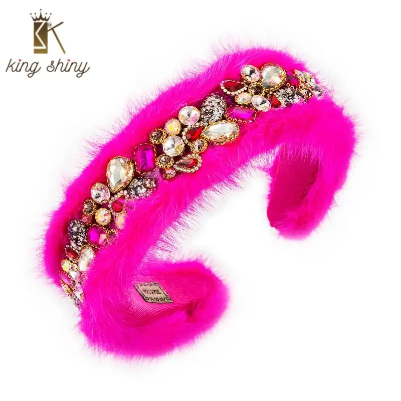 

Gorgrous European Winter Colorful Crystal Fluff Headband Elegant Sparkly Rhinestone Hairband Female Wedding Party Hair Accessory