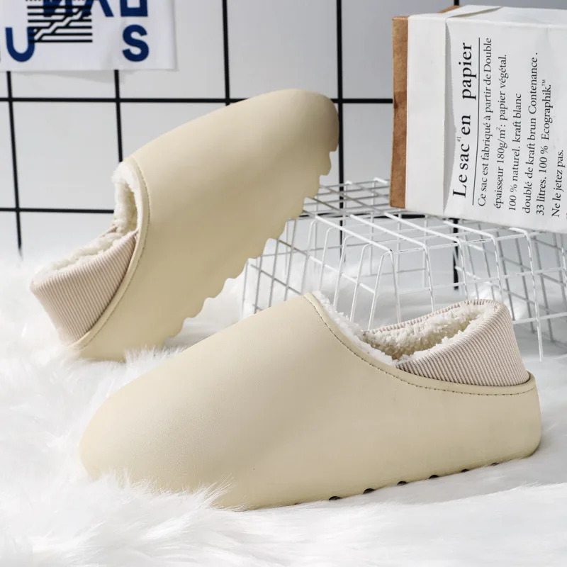 

Waterproof Home Furry Slippers Indoor Plush Lined Slides Winter White Warm Women Shoes Couples Non-Slip Platform Slipper 46 Size