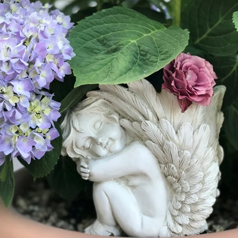 

1PC High14cm Little Angel Flower Resin Pot Vase Succulent Goddess Small Fairy Big Wings European Retro Old Mound Decoration