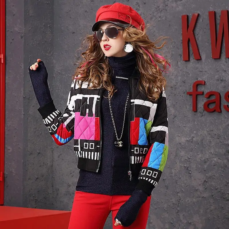 

European New Winter Thick Short Jacket Women's Baseball Uniform Printing Short Jacket Cotton Coat Women Winter