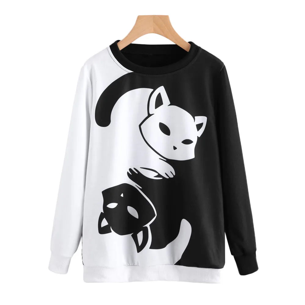 

Couple black and white yin and yang cat sweatshir long sleeve pullover printed sweatshirt soft comfortable sportswear loose tops