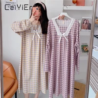 caiyier korean cute grid print women nightdress o neck loose long sleeve sleepdress oversized winter girls bowknot nightgowns