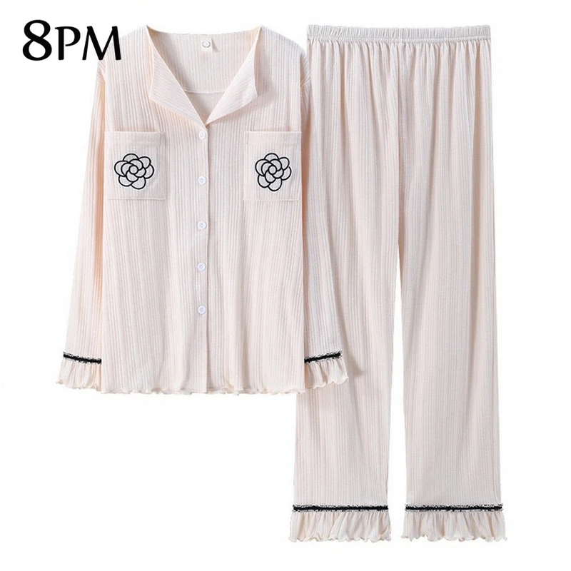 Fashion Cotton Pajamas Set 13 Colors Sleepwear Women Long-sleeve Pants Nightwear Soft Comfort Homewear Mujer Simple PJS ouc1139 | Женская