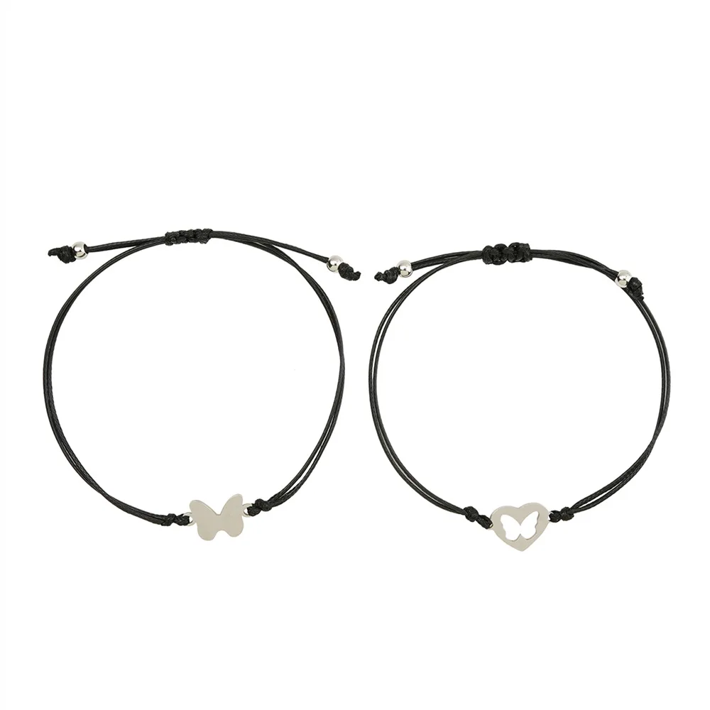 

Charmsmic 2pcs/Set Mother's Day Butterfly Heart Charm Bracelet Stainless Steel Silver Color Hollow Braided Wax Rope Make A Wish