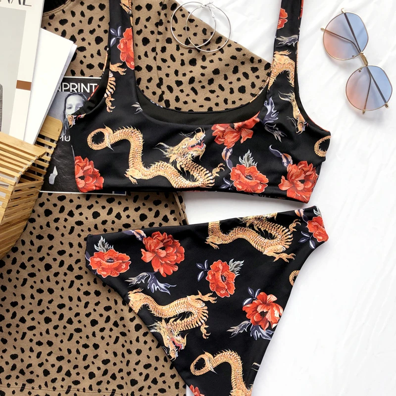 

Vintage High Waist Swimsuit 2020 Women Sexy Dragon Print Bikinis Mujer Bandeau Swimwear Female Swim Suit Bathing Beach Suit New