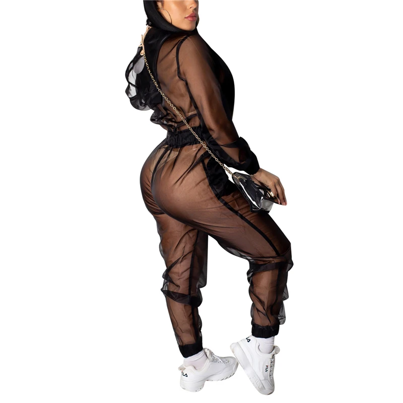 

2021 Sexy Women's High Waist Jumpsuit Casual Loose Solid Color Romper Long Sleeve Mesh Hollow Hooded Romper One Piece Jumpsuit