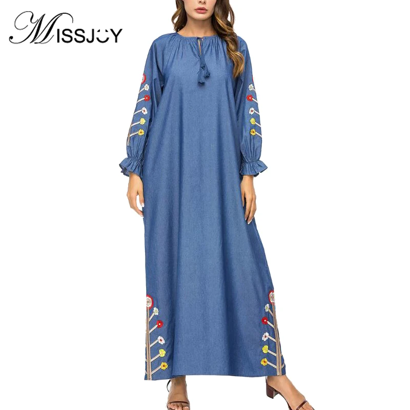 MISSJOY New Fashion muslim clothing dubai Women Long Sleeve Denim Abaya Embroidery flower Patchwork turkey islamic Maxi dress