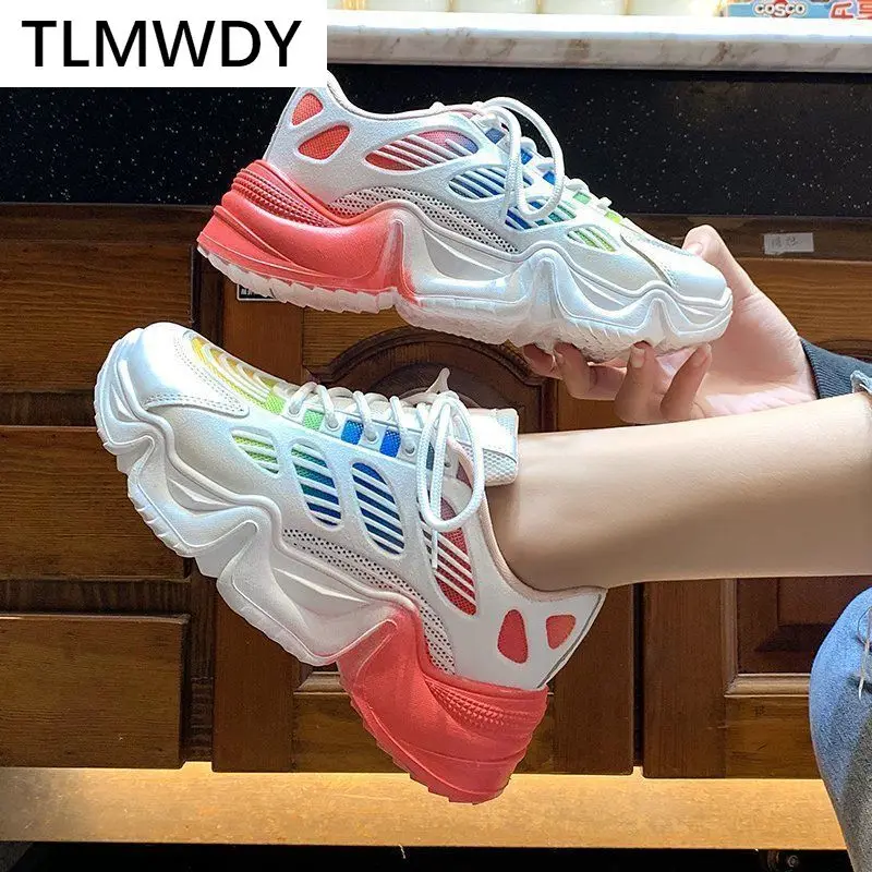 

Женские нескользящие кроссовки на шнуровке, удобные дышащие кроссовки на платформе, повседневная разноцветная обувь на осень, 2021