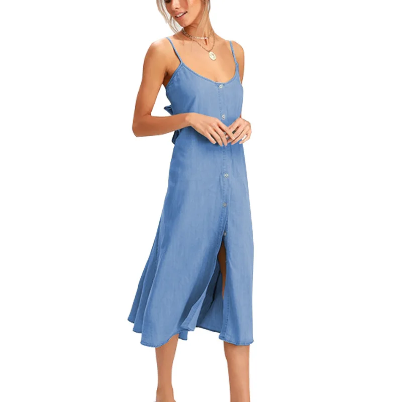 

2021 Denim Low Cut Ultra Thin Dress Irregular Slip Halter Backless and Shoulder Dress Maxi Dresses for Women