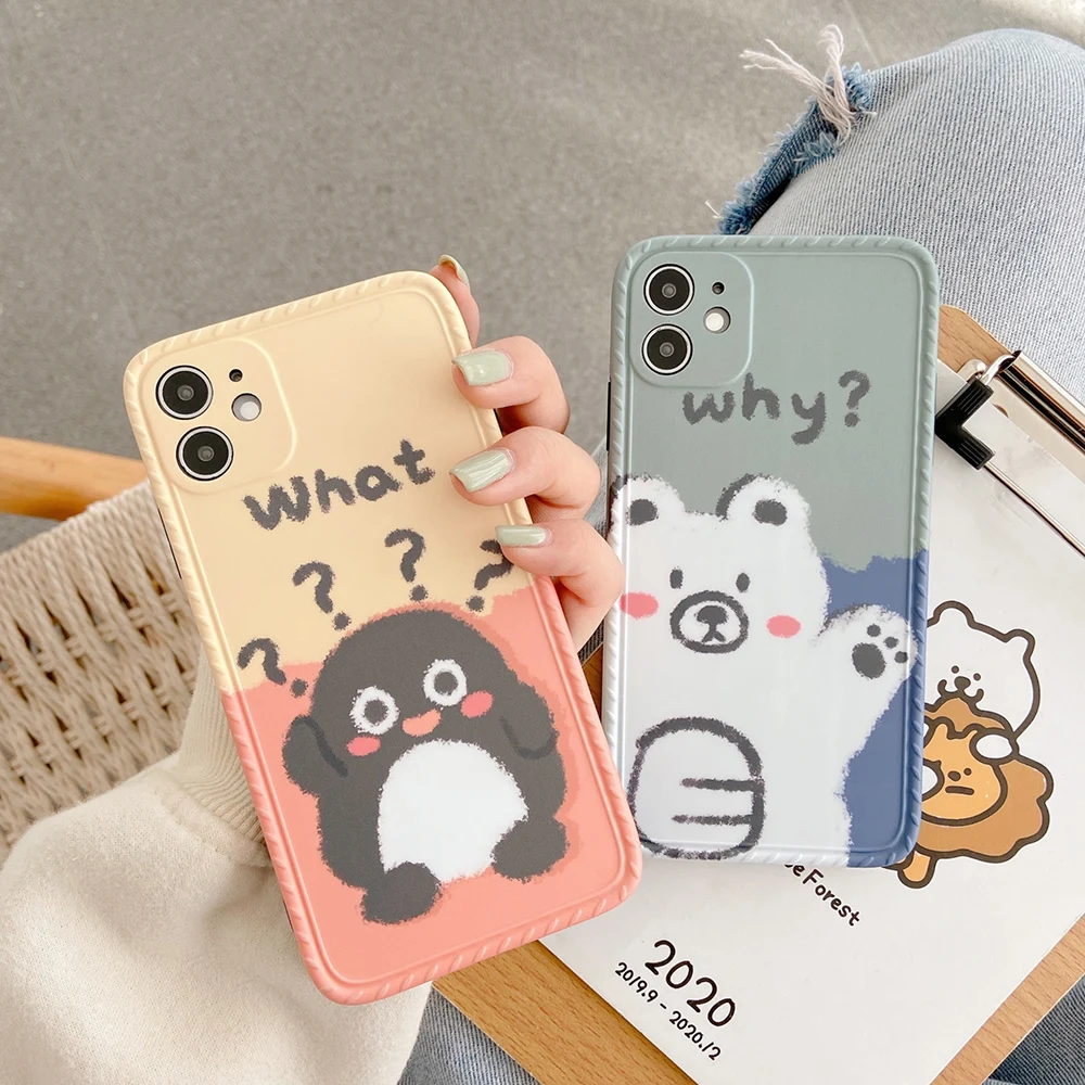 

KQCCY Korea Series Cartoon Bear Penguin Silicone Phone Cases for Iphone 11 12 Pro Max XR XS X 7 8 Plus Max Case