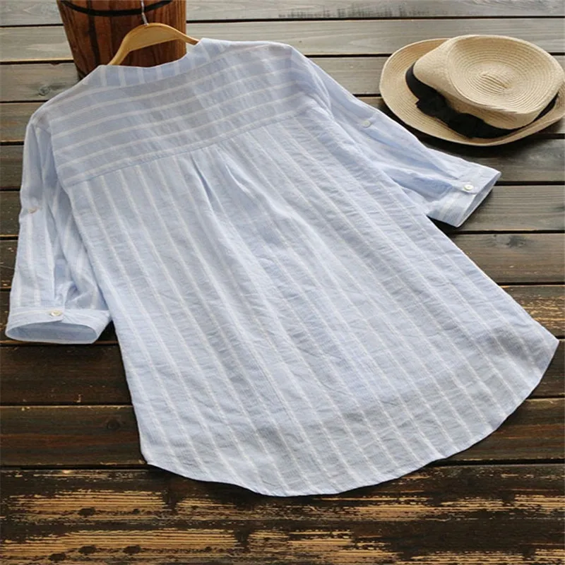 

Summer Casual V Neck Striped Three-quarter Sleeve Blouse Women Shirt Y2k Aesthetic Tops Mujer Camisas Mujer