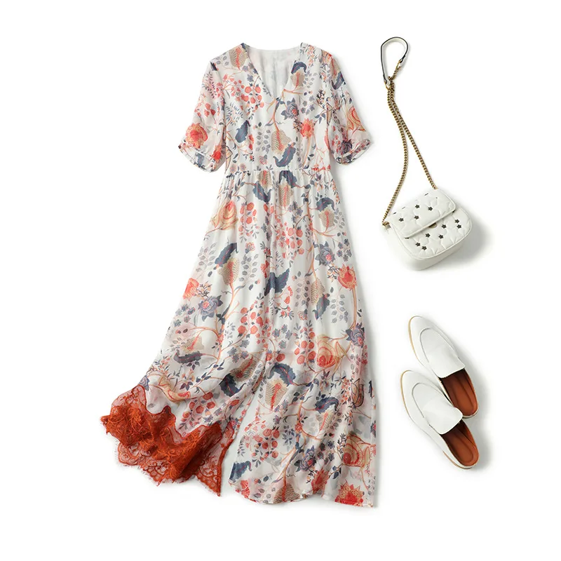 

Женское шелковое платье-миди с цветочным принтом