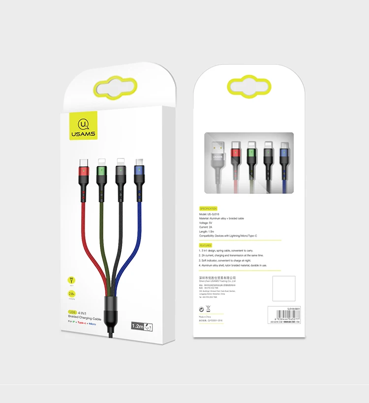 USAMS 4 в 1 3 в 1 мульти usb кабель зарядное устройство для iPhone samsung huawei xiaomi зарядный кабель системы освещения micro usb type-c