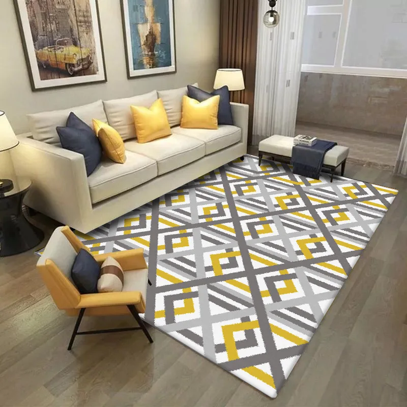 

Fashionable Nordic Style Geometric Bright Yellow Gray Cross Line Bedroom Living Room Mat Carpet CustomizationCustom Size