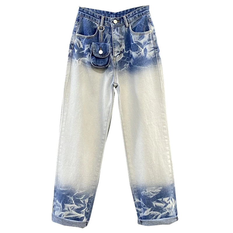

Women's Jeans Tie-Dyed White Patch Blue Denim Harem Pants Trousers Korean Style Pantalones De Mujer Summer Autumn Nancylim
