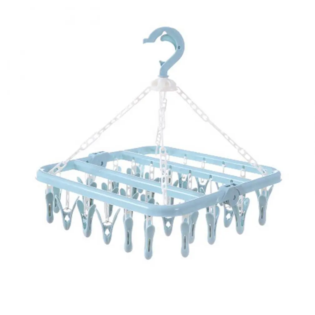 

Folding Clothes Hanger Towels Socks Bras Underwear Drying Rack With 32 Clips Plastic Space Saving Closet Organizer Hanger Rack