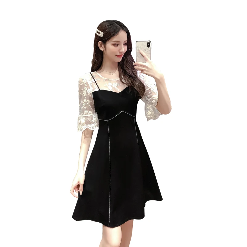 

COIGARSAM Women dress New Summer O-Neck Dresses Black 8555