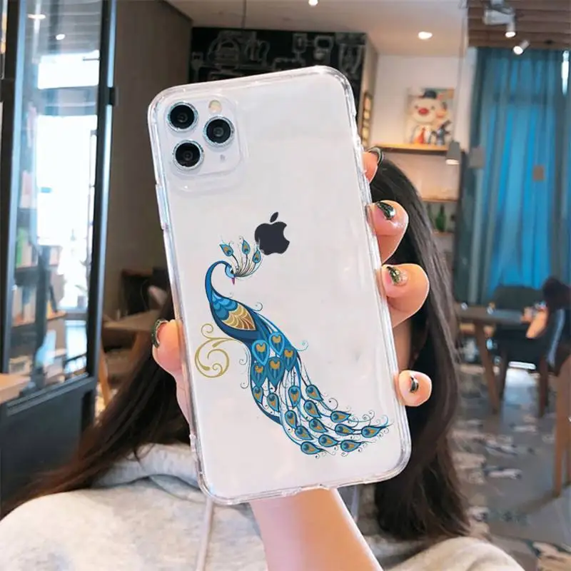 

Cartoon animal peacock Phone Case Transparent for iPhone 6 7 8 11 12 s mini pro X XS XR MAX Plus