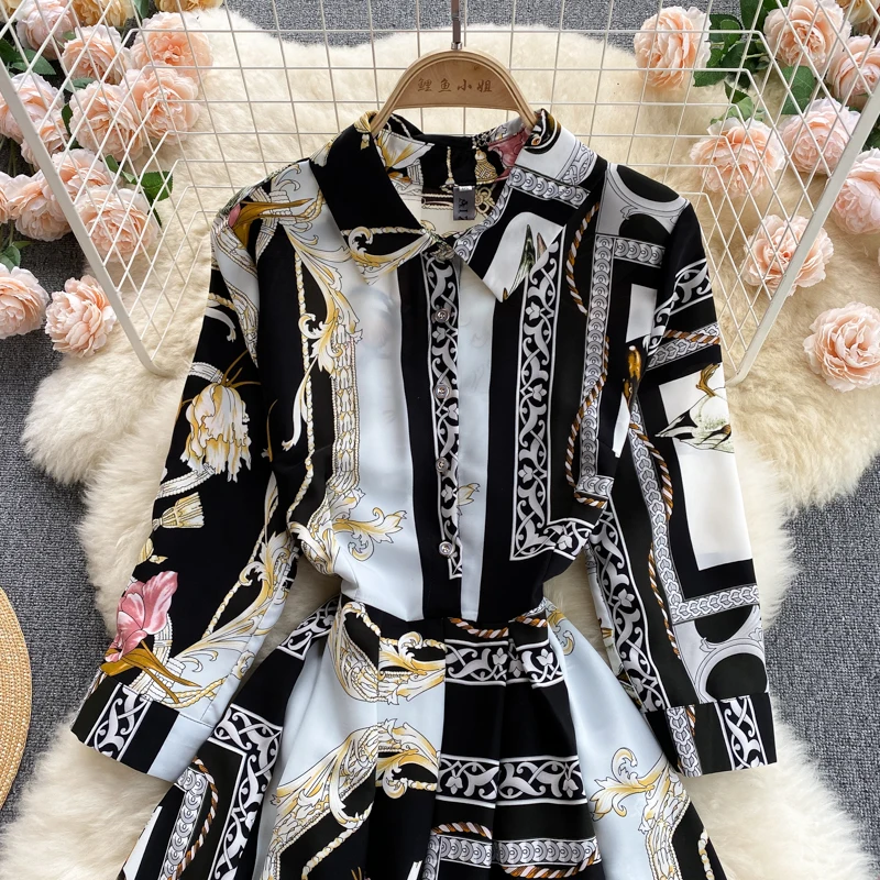 

2021 New Summer Vestidos Female Lapel Color Matching Print Temperament Slim European and American Midi Dress DK707