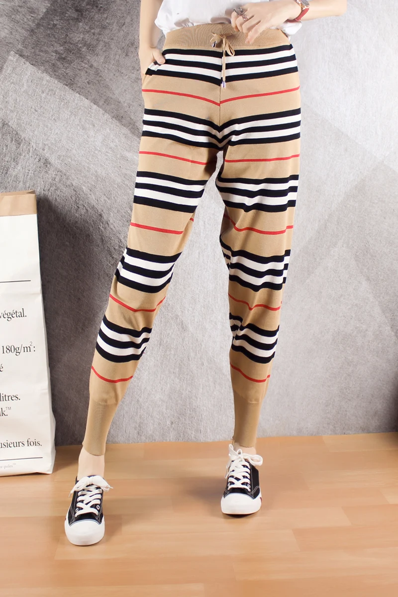 

2021 Summer TRF Women Classic Vintage Black White Striped Knitted Harem Pants Casual Y2K Drawstring Femme Capri-Pants Trousers
