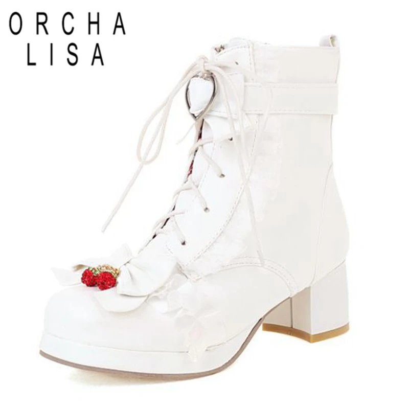 

ORCHALISA Fashion Lolita Ankle Boots Bota feminina Square Toe Block Heels Zipper Lace-up Buckle Plus Large 30-48 Sweet S2719