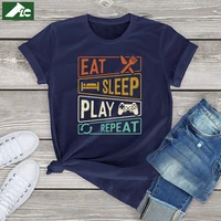funny eat sleep game repeat graphic tee shirt women clothing video games lovers oversized top 100 cotton fahion female shirt