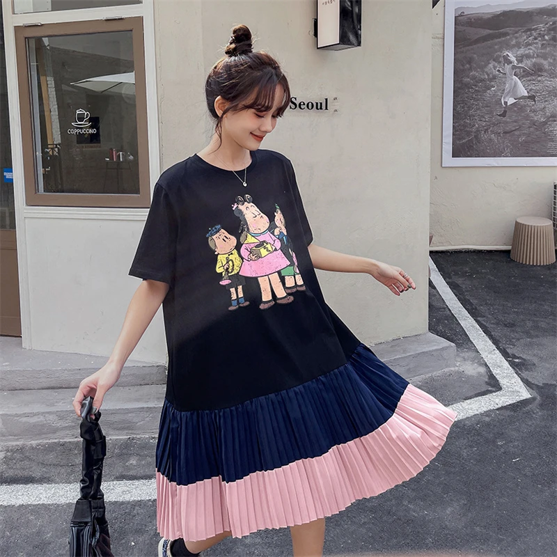 

Summer Fashion Plus Size Black Women's Cartoon Print Dress Splicing Pleated Dresses Short Sleeve Loose Casual Women Clothes 2021