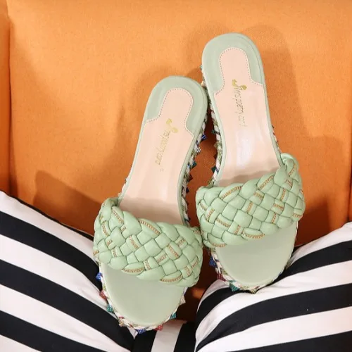 

Female Shoes Slippers Women Summer On A Wedge Platform Low Slides Candy Colors Loafers 2021 Hoof Heels Fabric Rome Basic Rubber