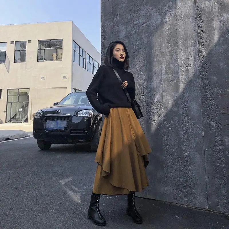 

Autumn & Winter New Elastic High Waist Slimming Simple Solid Color Wild Casual Irregular Women A-line Long Skirt Free Shipping