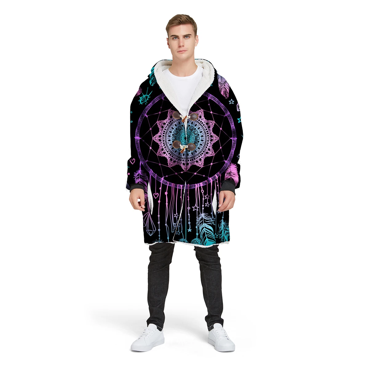 Новое Брендовое дизайнерское Мужское пальто на меховой подкладке с 3d принтом, свободная Длинная зимняя Вельветовая куртка с капюшоном из полиэстера CL26