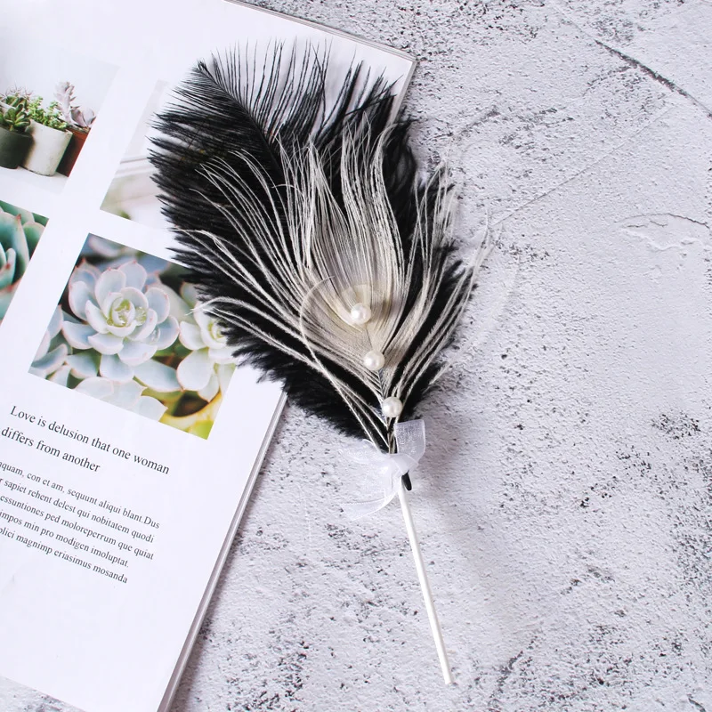 Романтический Черный белый бежевый Топпер для торта с жемчужинами и перьями