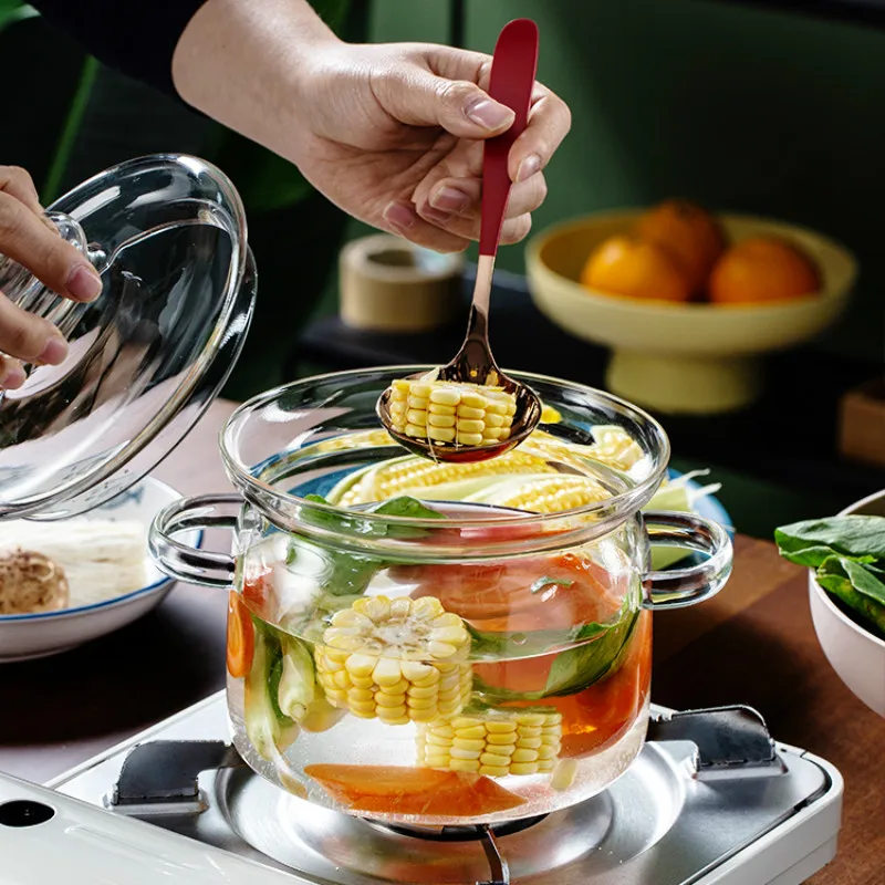 Прозрачная стеклянная суповая кастрюля термостойкая миска с крышкой для