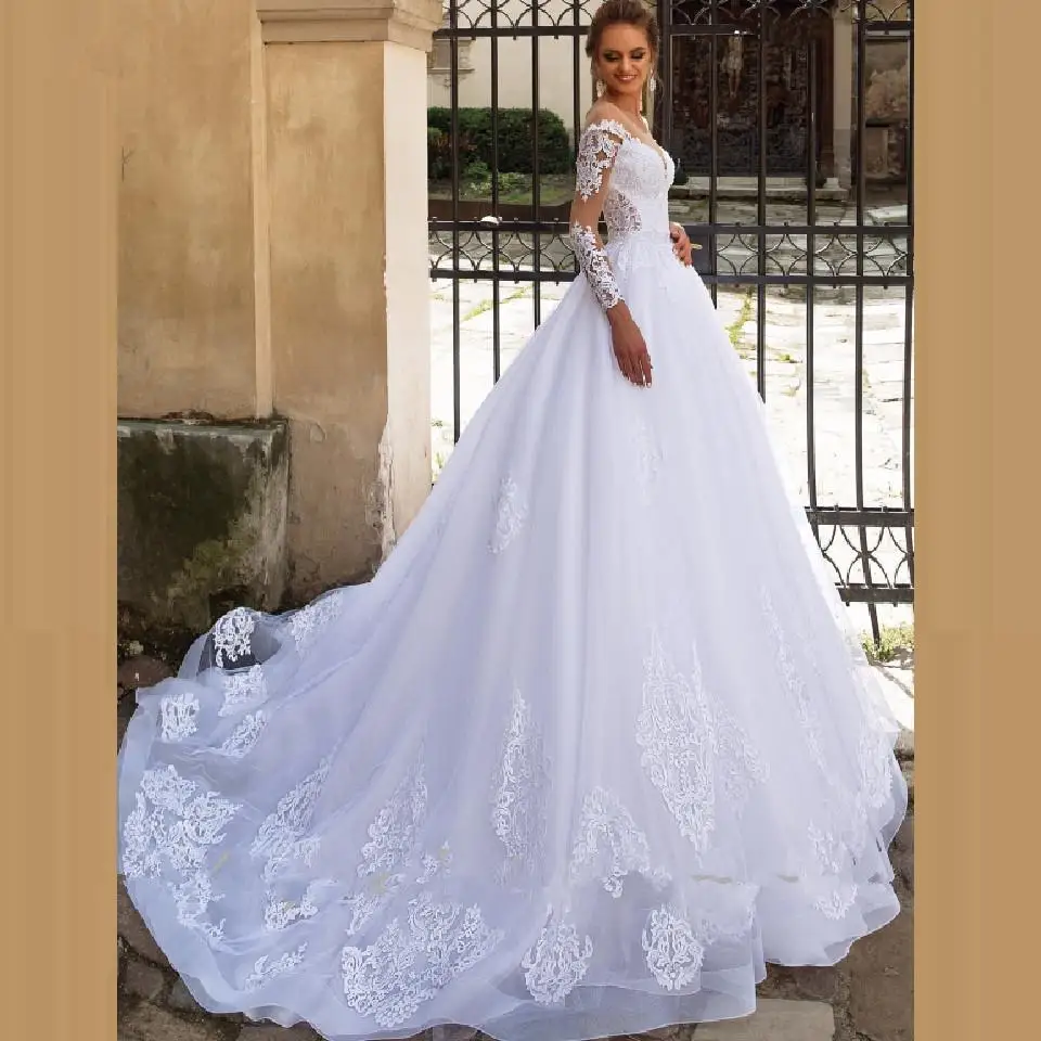 

A-Line Long Sleeves Wedding Dress Lace Appliques Sheer Jewel Neck Court Train White Bridal Gown Arabic Dubai Garden Vestido 2022