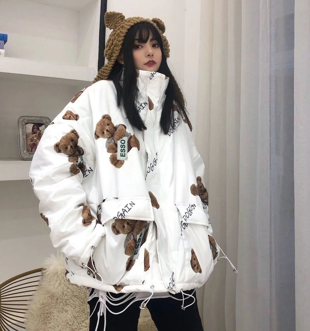 

Full Print Bear Padded Jacket Women's Winter Clothing 2021 New Cotton Jacket Short Loose Bread Coat Student Jacket