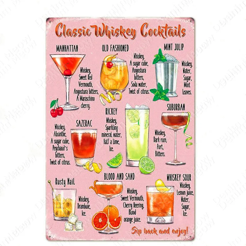 Металлические жестяные вывески для украшения дома Классические коктейли