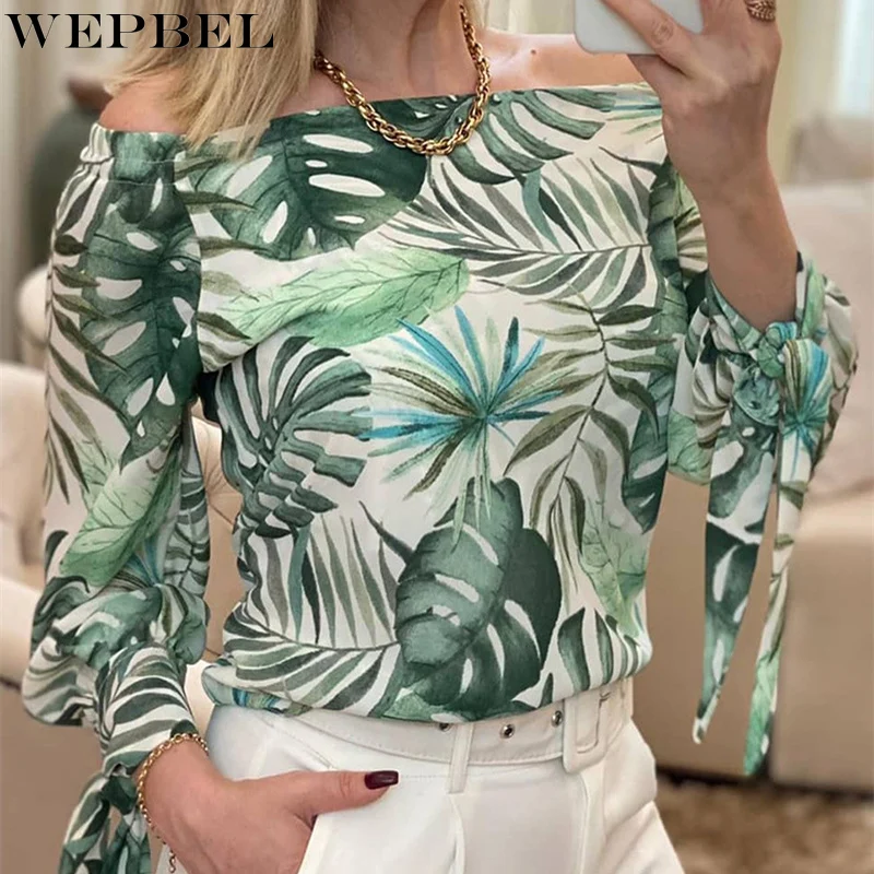 

WEPBEL женская летняя элегантная пляжная рубашка, топ, Женская Повседневная модная футболка с открытыми плечами и длинными рукавами-фонарикам...