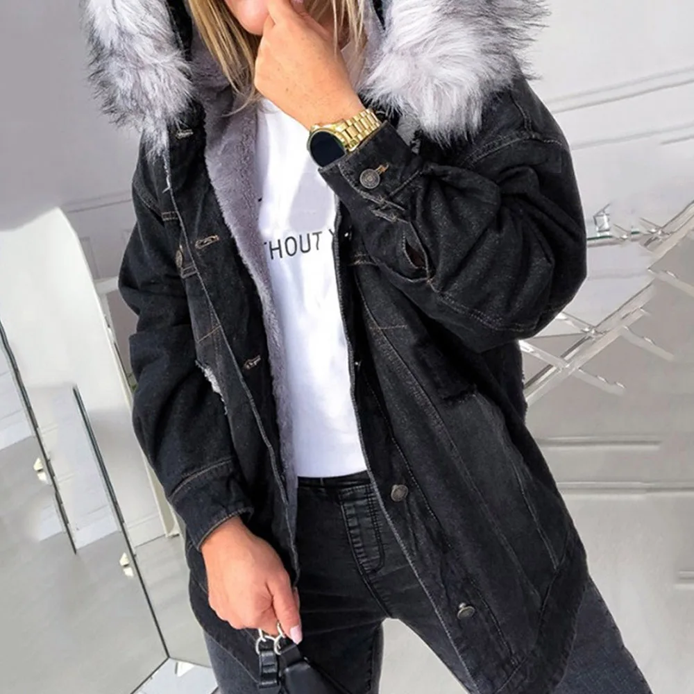 Женское теплое мягкое меховое пальто джинсовая куртка зимнее плюшевое