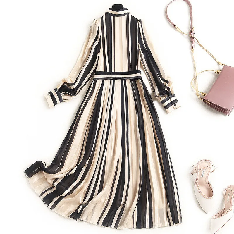 

Spring Designers Fashion Long Sleeve Striped Chiffon Dress Women Turn Down Collar Mid Calf Robe Femme Casual Vintage Vestidos