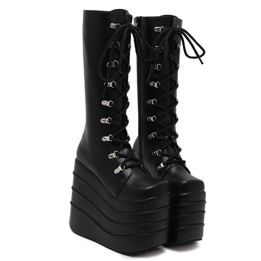 

Hot Sale US4-11 Womens Punk Wedge Heels Knee High Thigh Boots PU Leather Lace Up Platform Shoes Super High 16CM Cosplay Black Wh