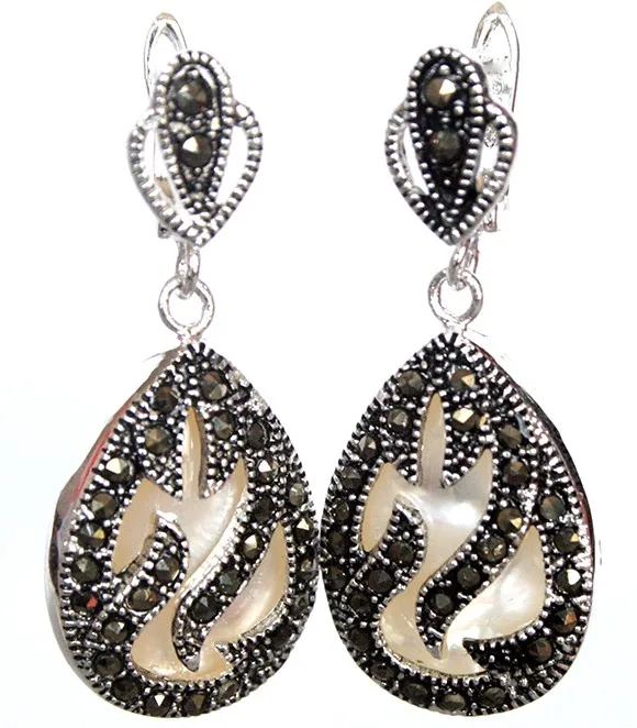 

11/2" unique 925 Silver & Marcasite inlay white sea shell Waterdrop Earrings Natural bread silver big earrings