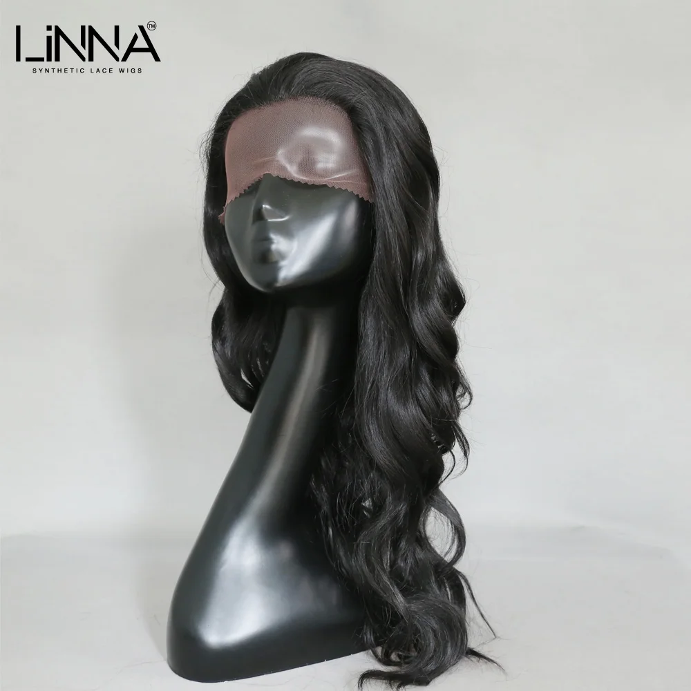 

LINNA Natural Black Synthetic Lace Front Wig For Women 18Inch Long Natural Wave Hair Wig High Temperature Fiber Cosplay Wigs