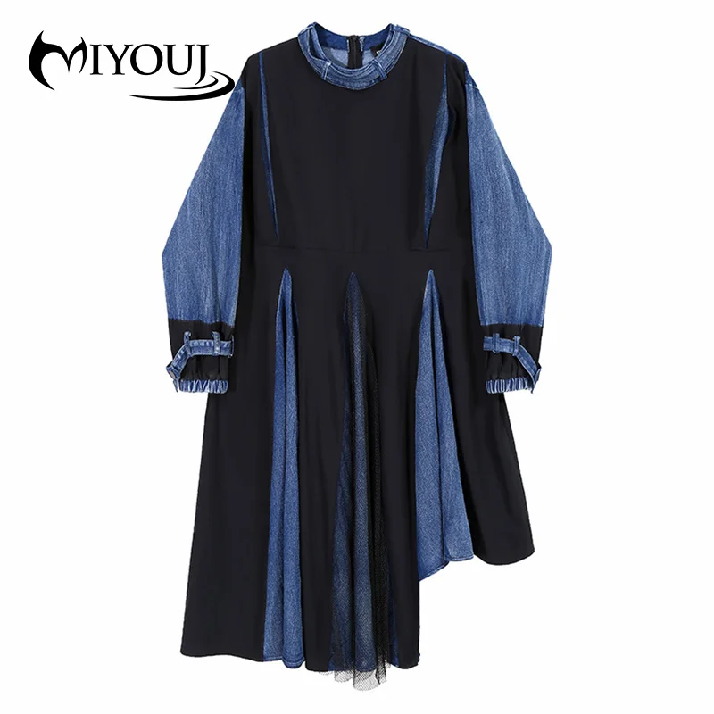 

MIYOUJ джинсовое платье с длинными рукавами в стиле пэчворк, модная Осенняя плиссированная женская одежда 2020, Элегантное повседневное женское...