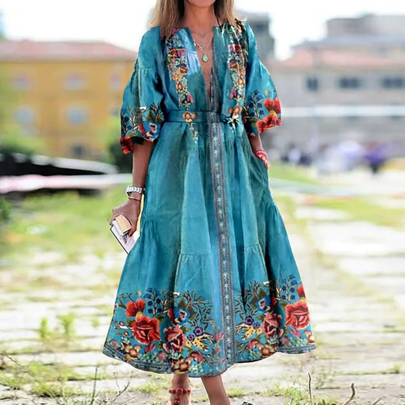 

Dresses For Women Plus Size Fashion Streetwear Bohemian Printed Lantern Sleeve Crew Neck Vintage Hit Color Pockets Dress Women