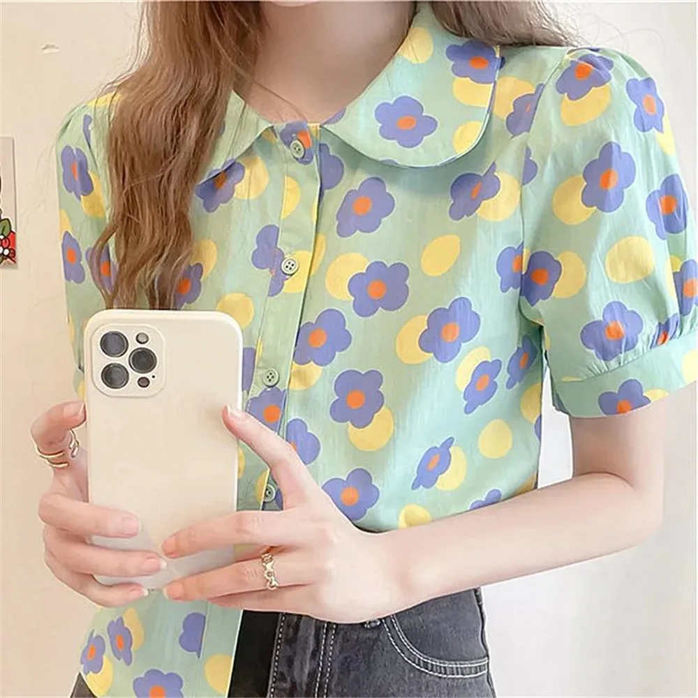 

Flowers Print Shirt Girl Funny Summer Cute Shirt Women Korean Kawaii Loose Tops Japanese Clothes Half Sleeve Harajuku Shirt