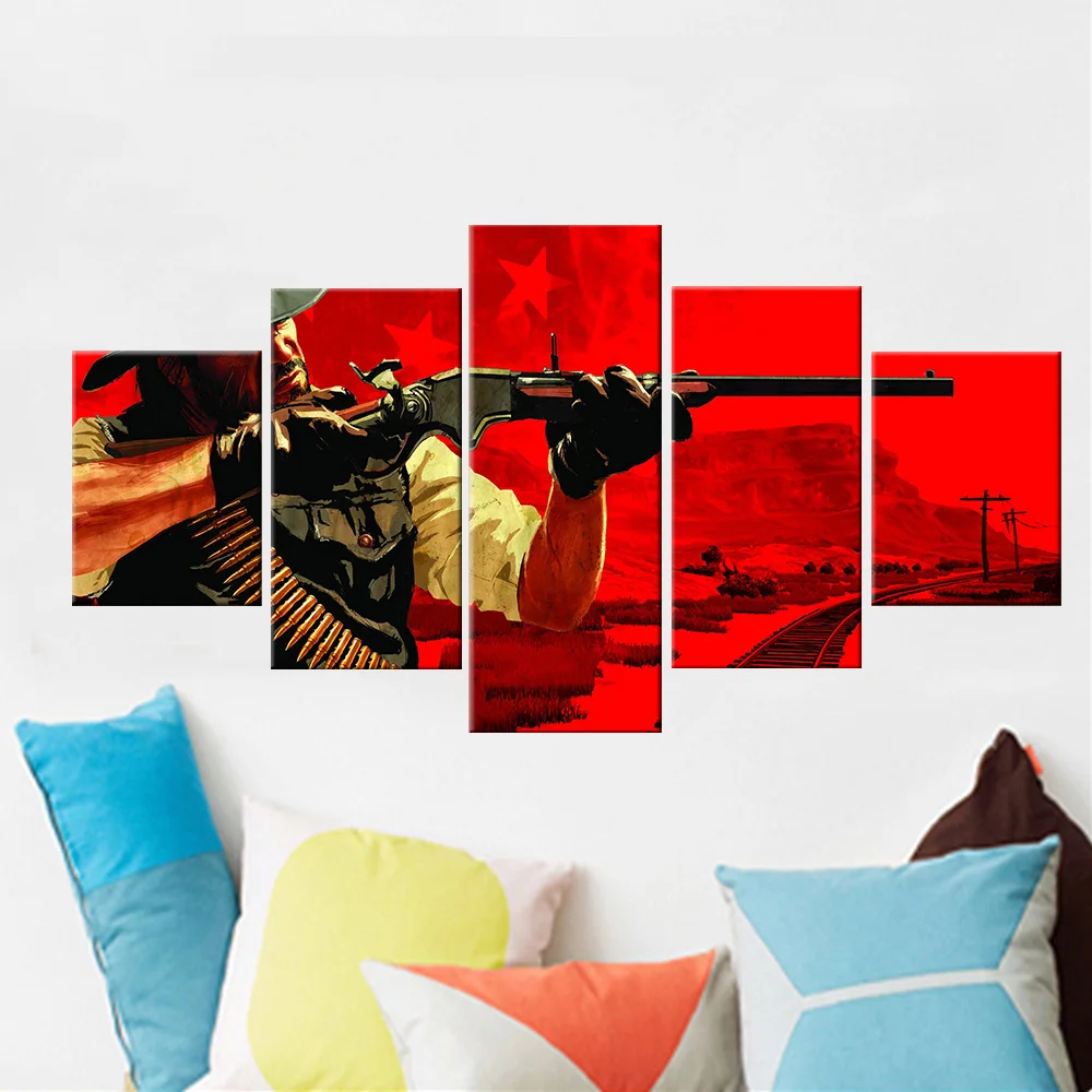 

5 Panel Canvas Art Wall Decor Animatilon A Man With A Gun Poster \Nordic Decoration Home Frame Bedroom Modular Picture
