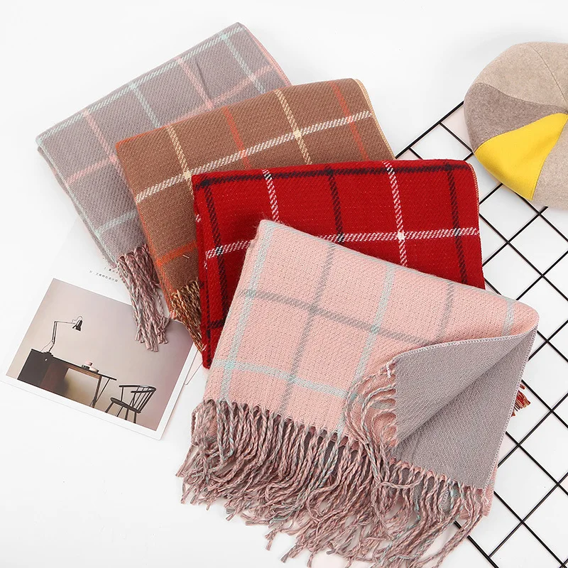 

Winter New Style Cashmere Double-sided Plaid Fringed Scarf Ladies Thick Warmth Shawl Dual-use Headscarf 60*180cm
